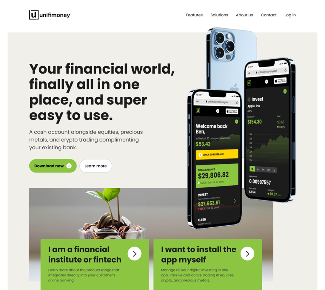 Unifimoney website homepage with two paths: I am a financial institution or fintech, and I want to install the app myself